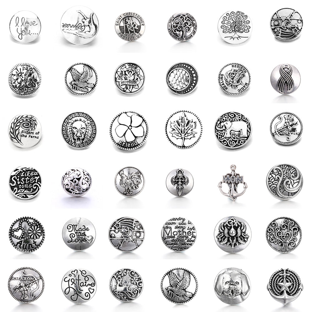 18mm Alloy Engraved Snap Charms Animal Floral and Sentimental Motifs