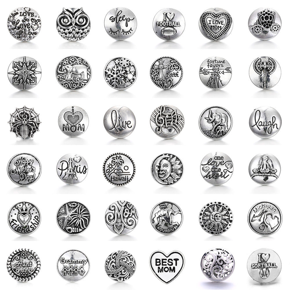 Vintage Antique Silver Snap Charms 18mm Multi‑Design Interchangeable Snap Buttons