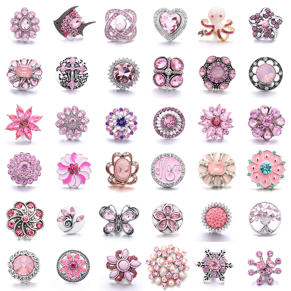 18mm Pink Rhinestone Snap Charms Collection | Floral Crystal Interchangeable Charms