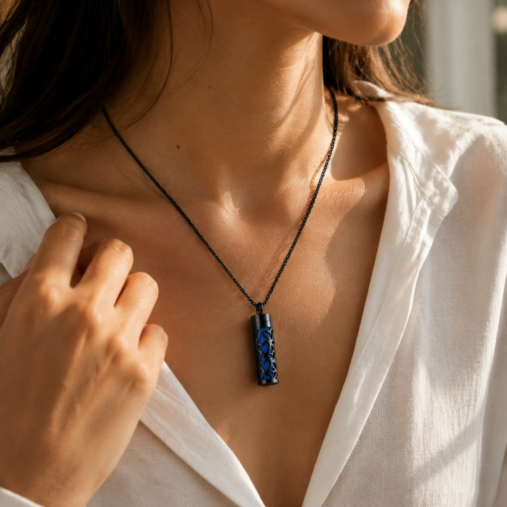 Black Aromatherapy Necklace | Refillable Perfume Diffuser Pendant in 316L Stainless Steel