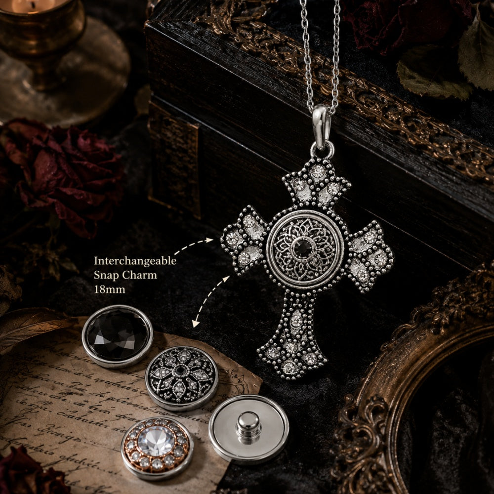 Vintage Cross Snap Charm | 18mm Crystal Embellished Interchangeable Pendant