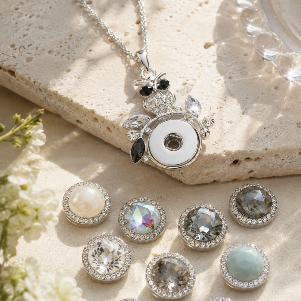 18mm Owl Snap Button Necklace | Interchangeable Crystal Charm Pendant