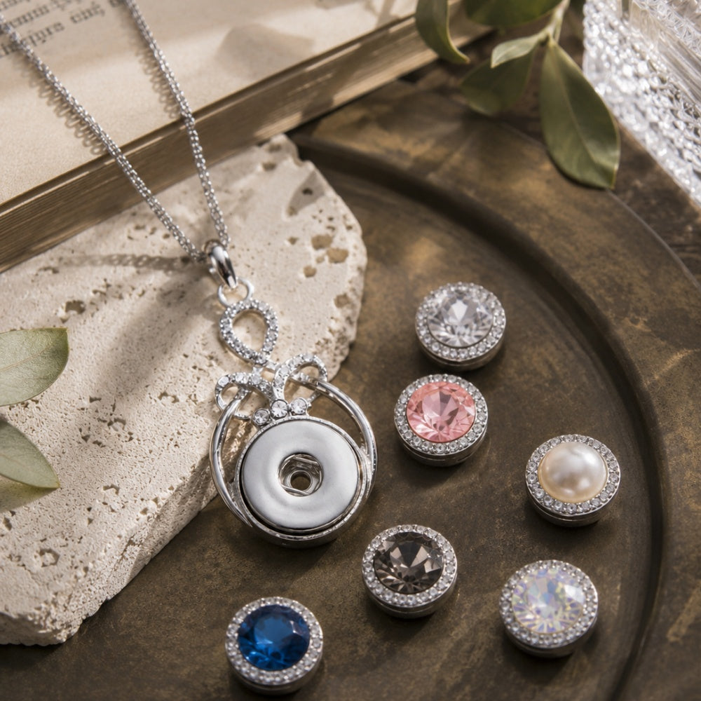 Silver Ribbon Crystal Snap Charm Necklace | 18mm Interchangeable