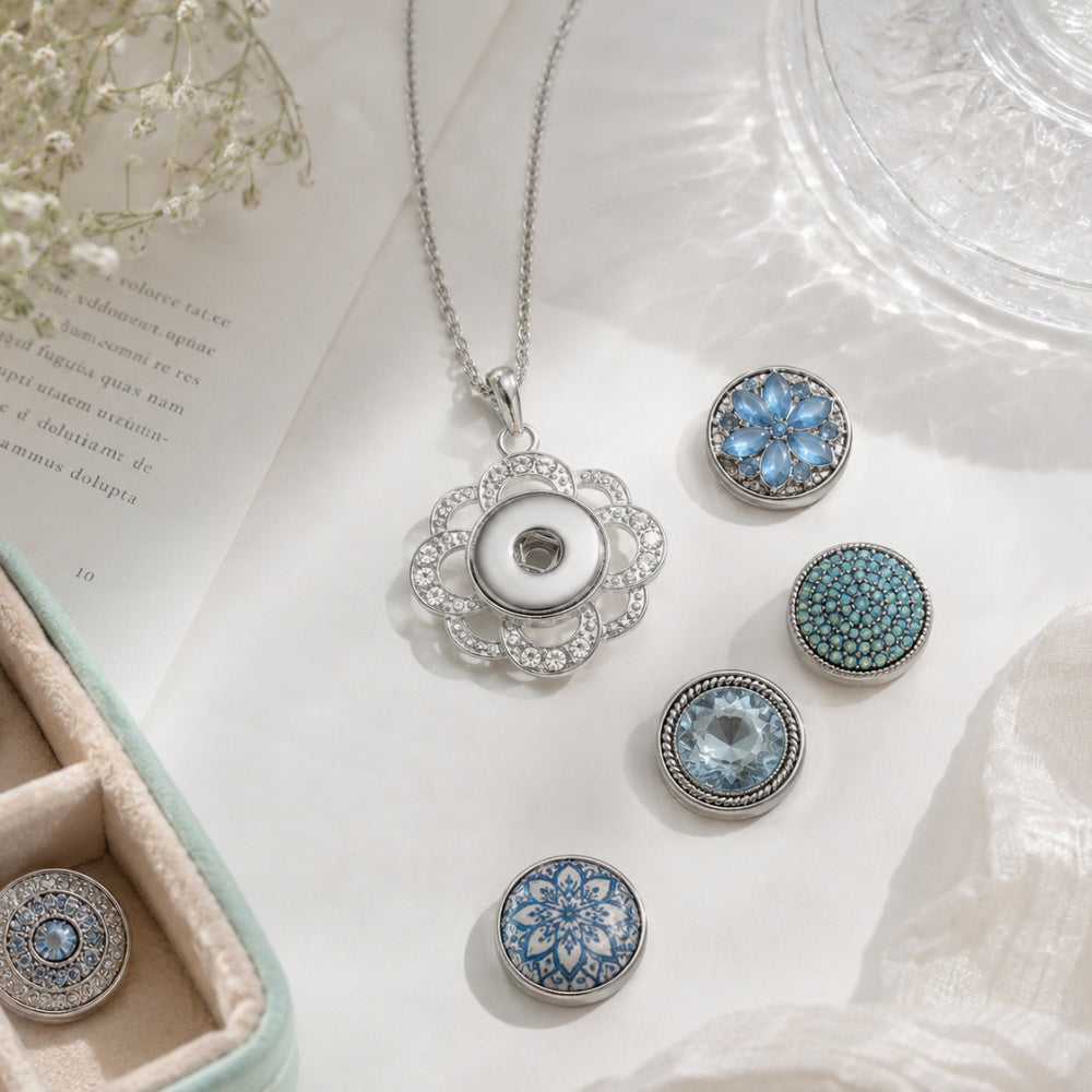 Silver Floral Snap Button Necklace | Interchangeable 18mm Charm
