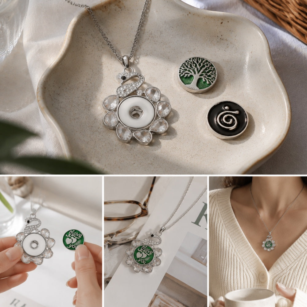 18mm Interchangeable Snap Charm Necklace | Rhinestone DIY Pendant Jewelry with Replaceable Charms
