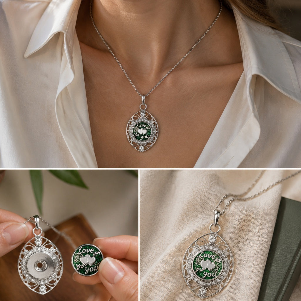 18mm Crystal Pendant Necklace | Silver Rhinestone Necklace with Interchangeable Charm Center