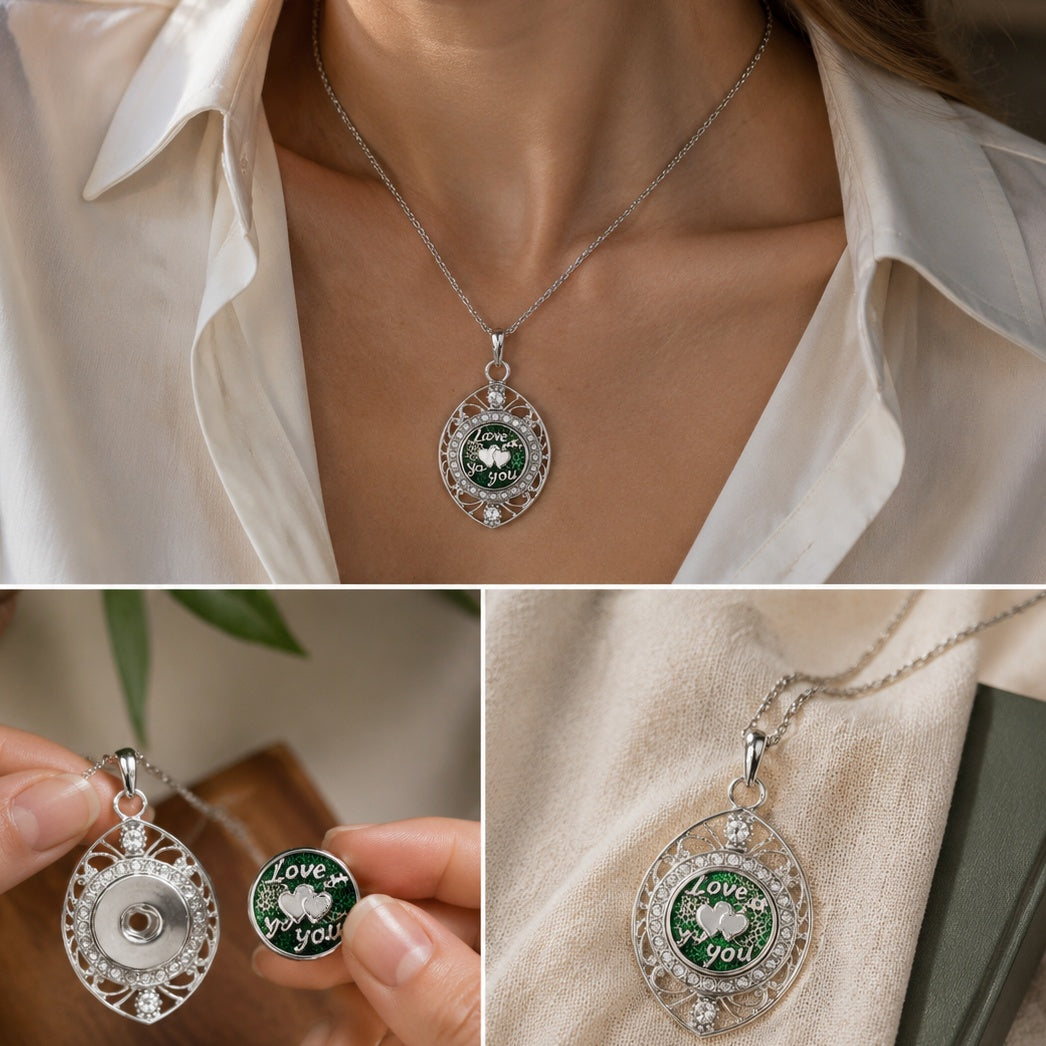18mm Crystal Pendant Necklace | Silver Rhinestone Necklace with Interchangeable Charm Center