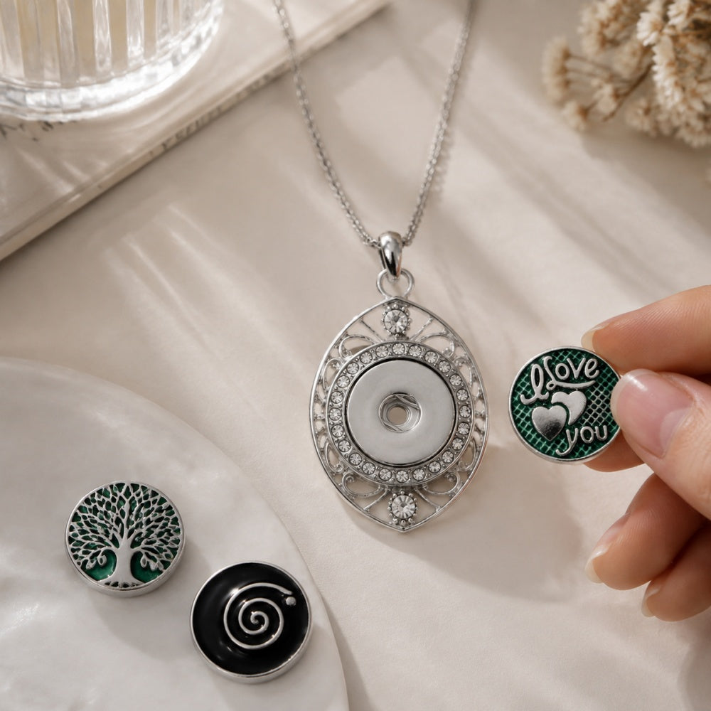 18mm Crystal Pendant Necklace | Silver Rhinestone Necklace with Interchangeable Charm Center