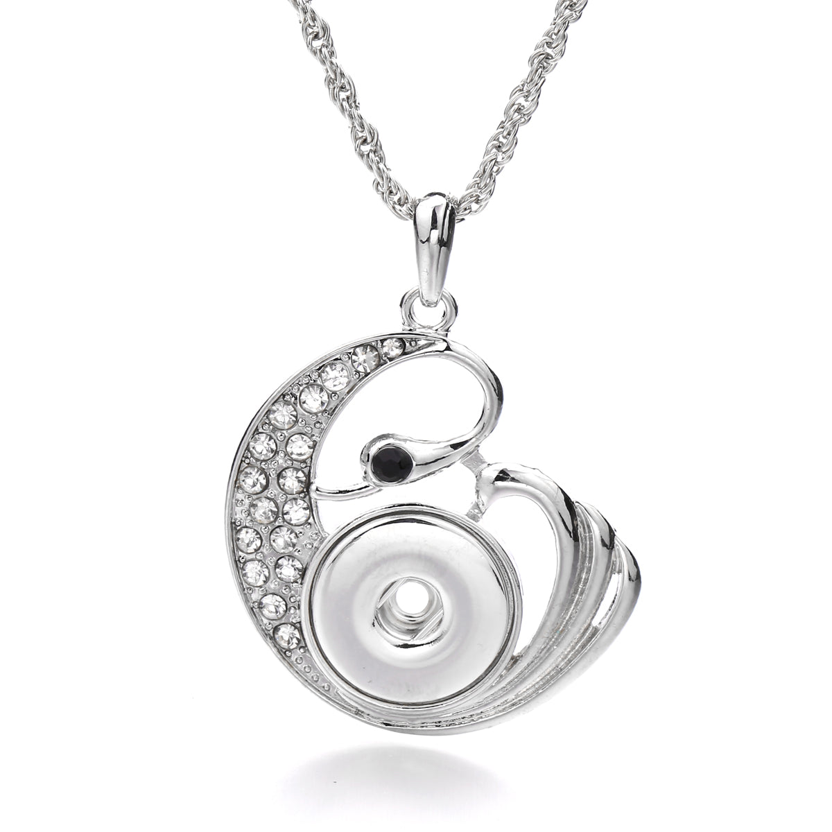 18mm Swan Rhinestone Snap Charm Necklace | Interchangeable Elegant Pendant Jewelry