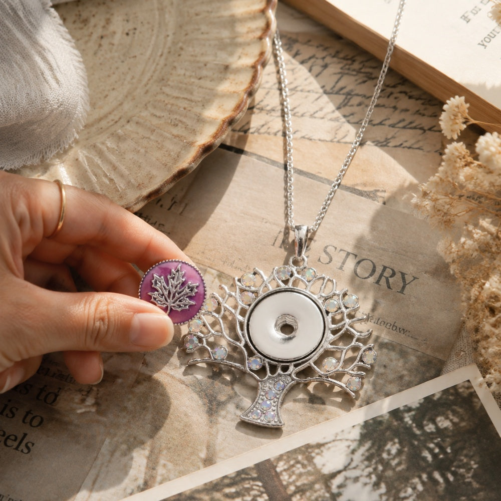 18mm Tree of Life Rhinestone Snap Charm Necklace | Interchangeable Symbol Pendant Jewelry