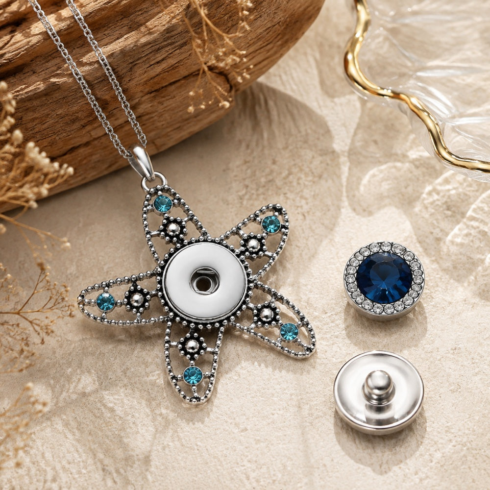 Hollow Rhinestone Starfish 18mm Snap charm Necklace