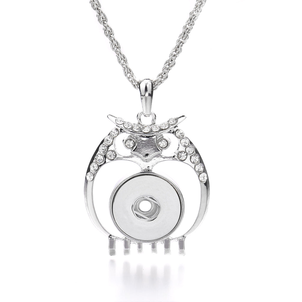 Hollow Rhinestone Owl 18mm Snap Pendant Necklace Animal Jewelry