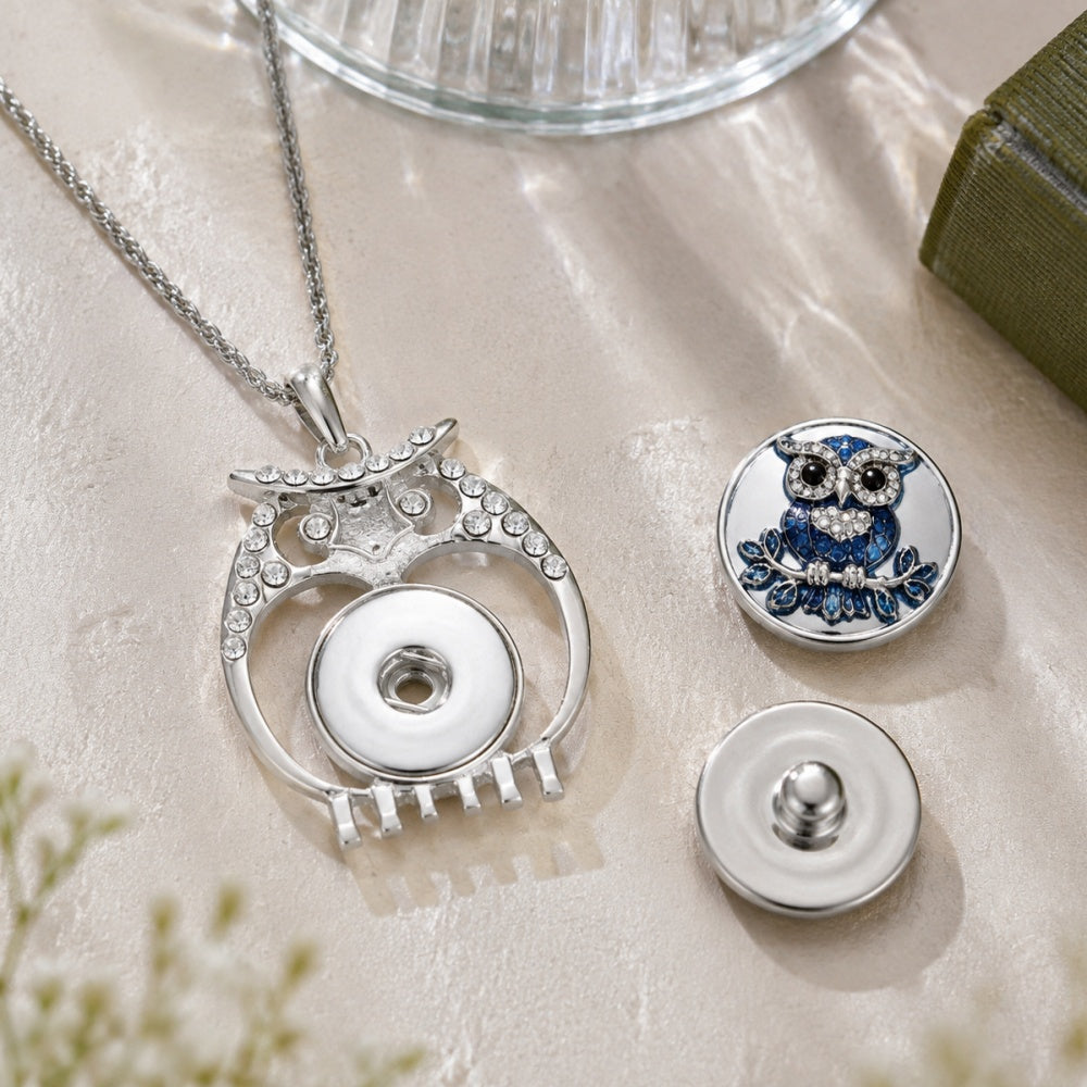 Hollow Rhinestone Owl 18mm Snap Pendant Necklace Animal Jewelry
