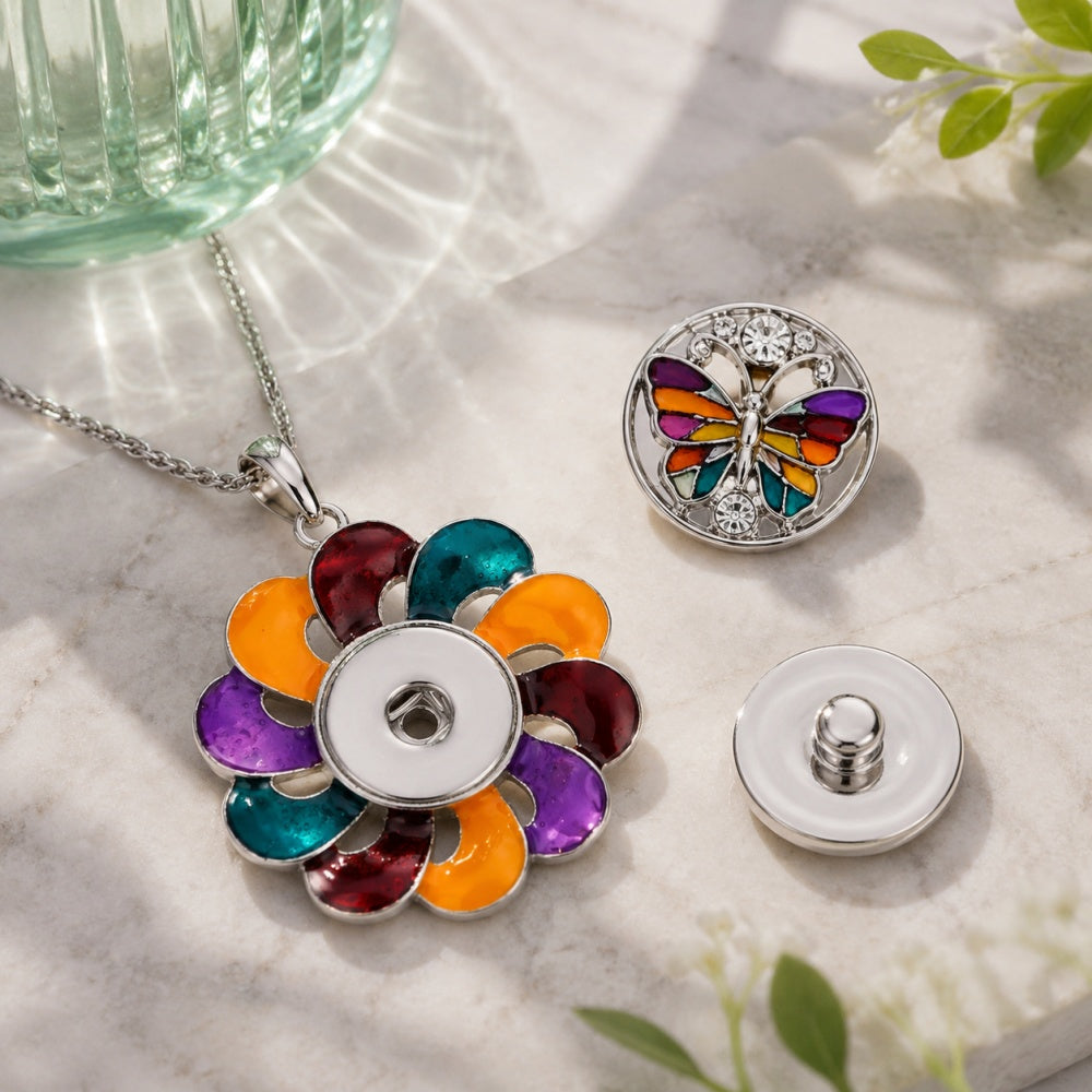 18mm Enamel Flower Snap Charm Necklace