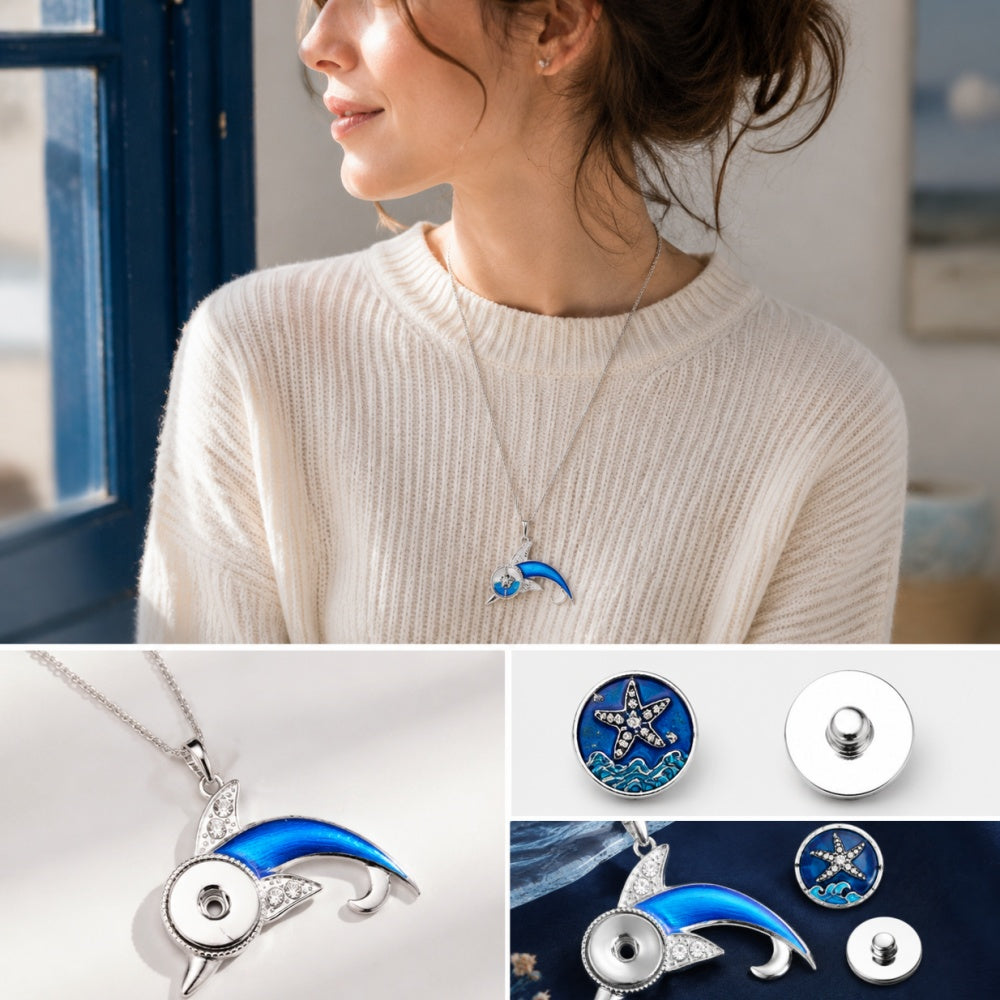 18mm Blue Dolphin Snap Charm Necklace