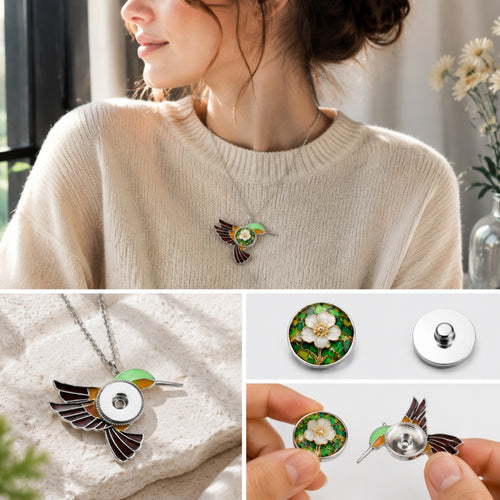 18mm Colorful Hummingbird Snap Charm Necklace