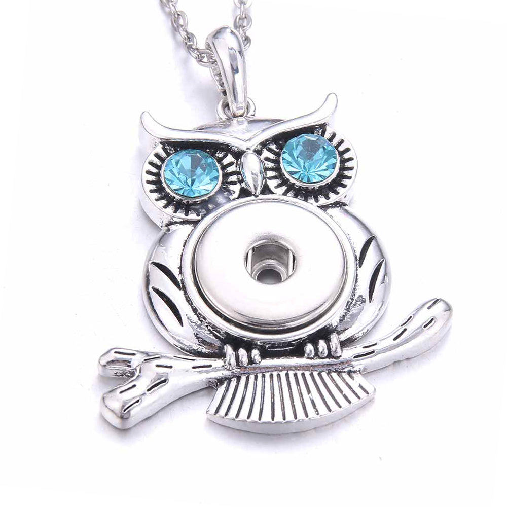18mm Vintage Owl Rhinestone Snap Charm Necklace