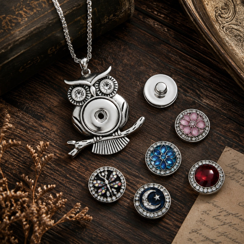 18mm Vintage Owl Rhinestone Snap Charm Necklace