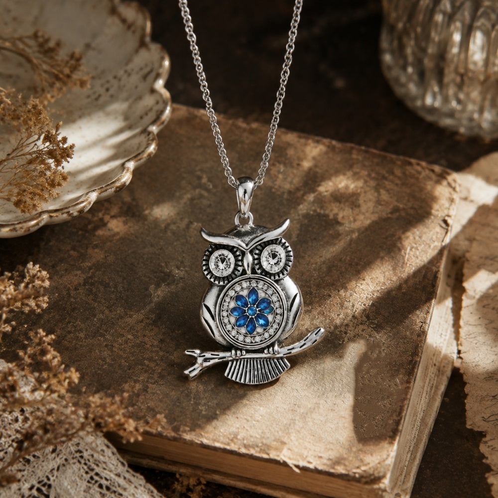 18mm Vintage Owl Rhinestone Snap Charm Necklace