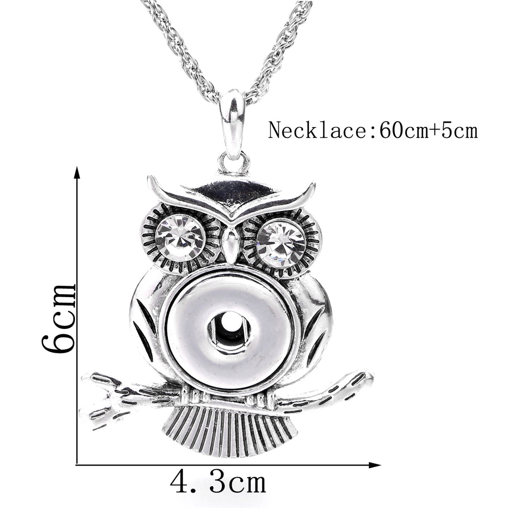 18mm Vintage Owl Rhinestone Snap Charm Necklace