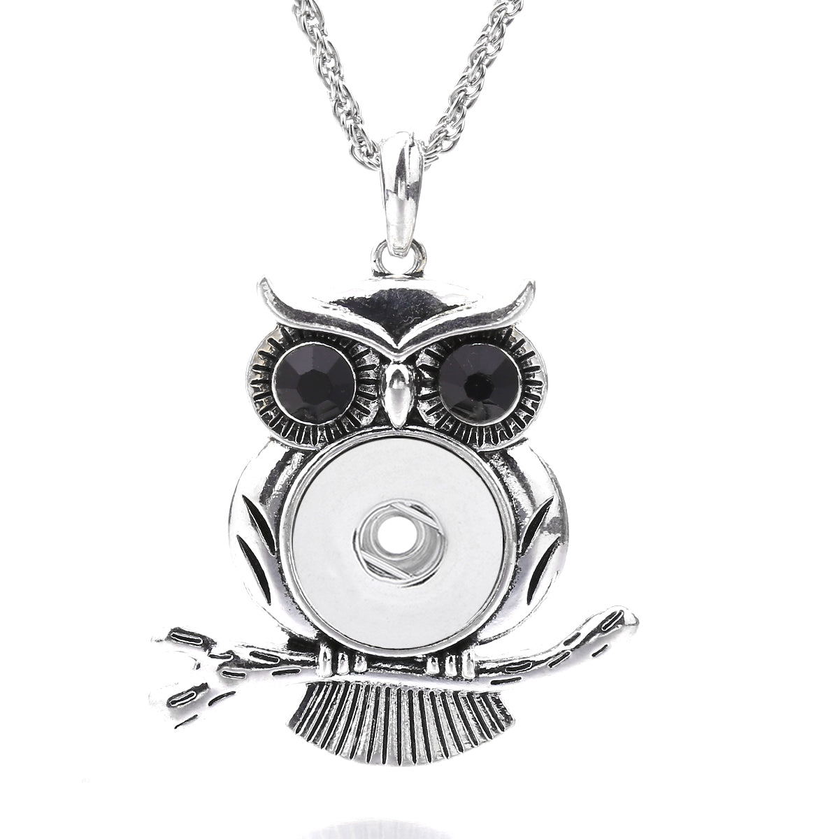 18mm Vintage Owl Rhinestone Snap Charm Necklace