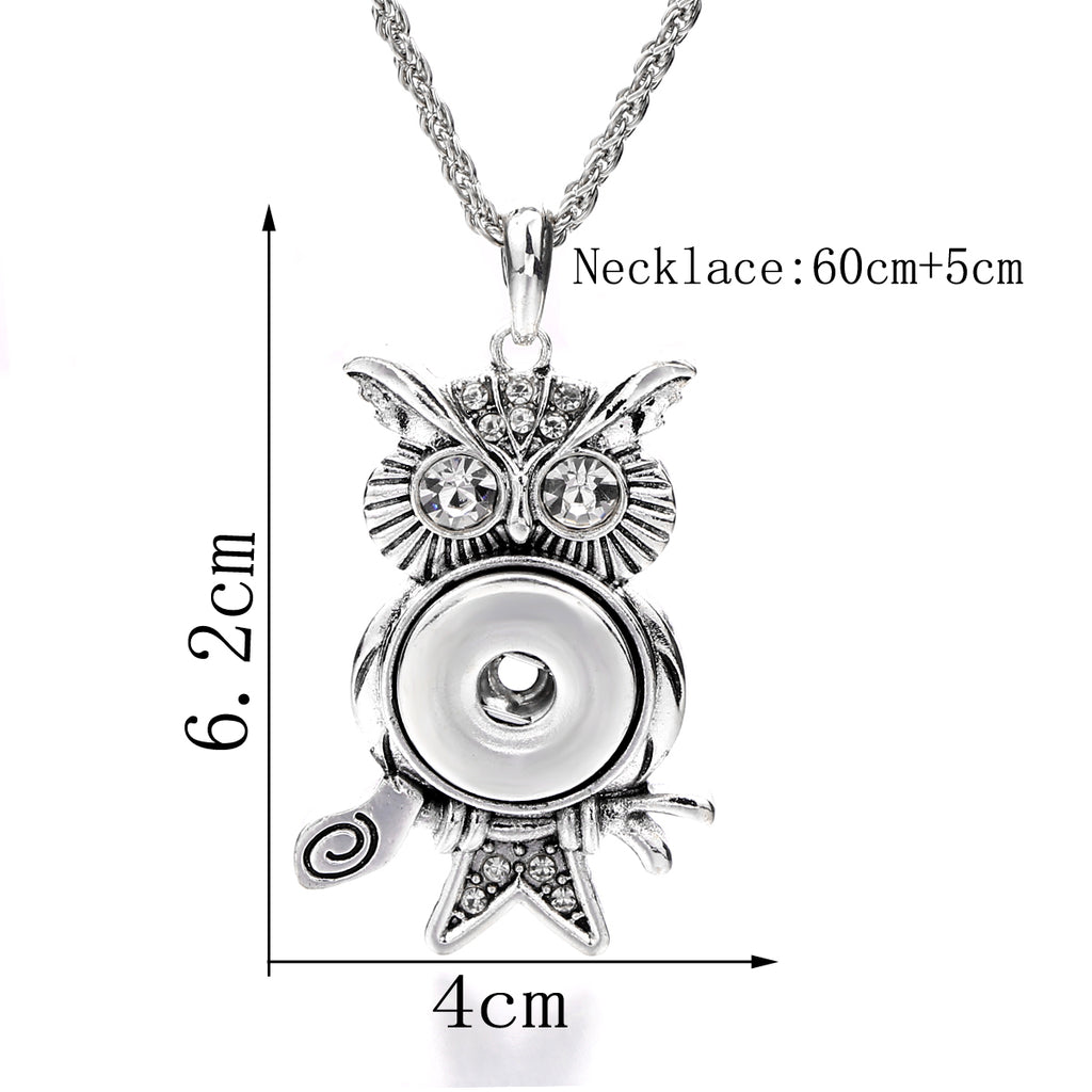 18mm Vintage Owl Branch Rhinestone Snap Charm Necklace