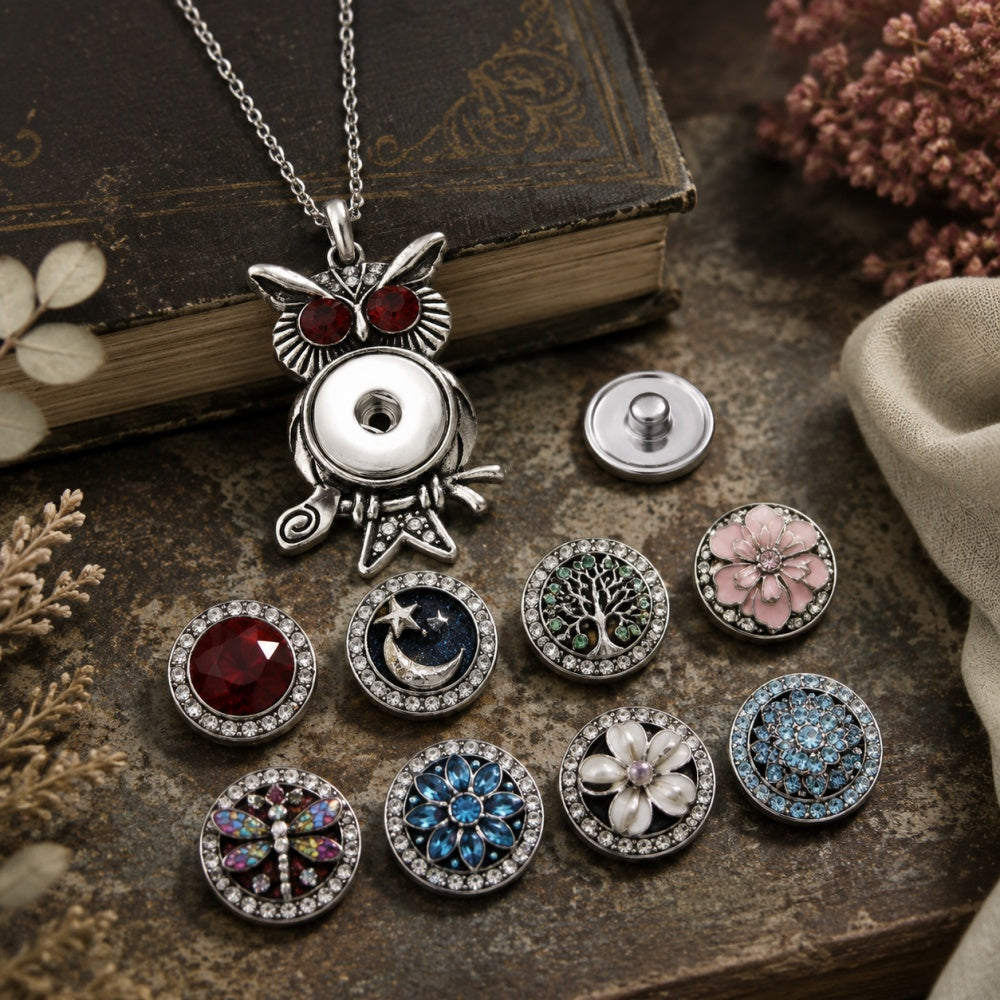 18mm Vintage Owl Branch Rhinestone Snap Charm Necklace