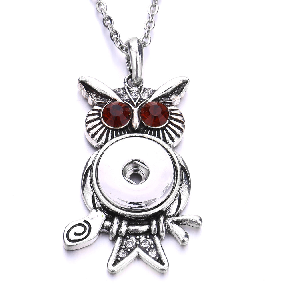 18mm Vintage Owl Branch Rhinestone Snap Charm Necklace