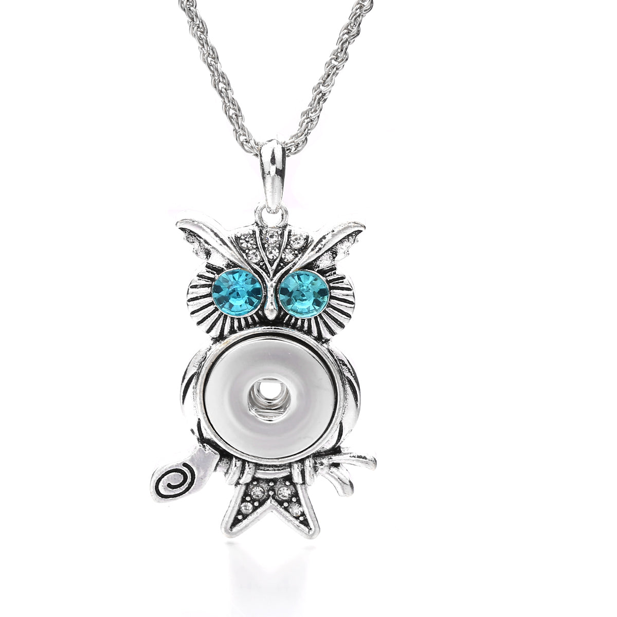 18mm Vintage Owl Branch Rhinestone Snap Charm Necklace