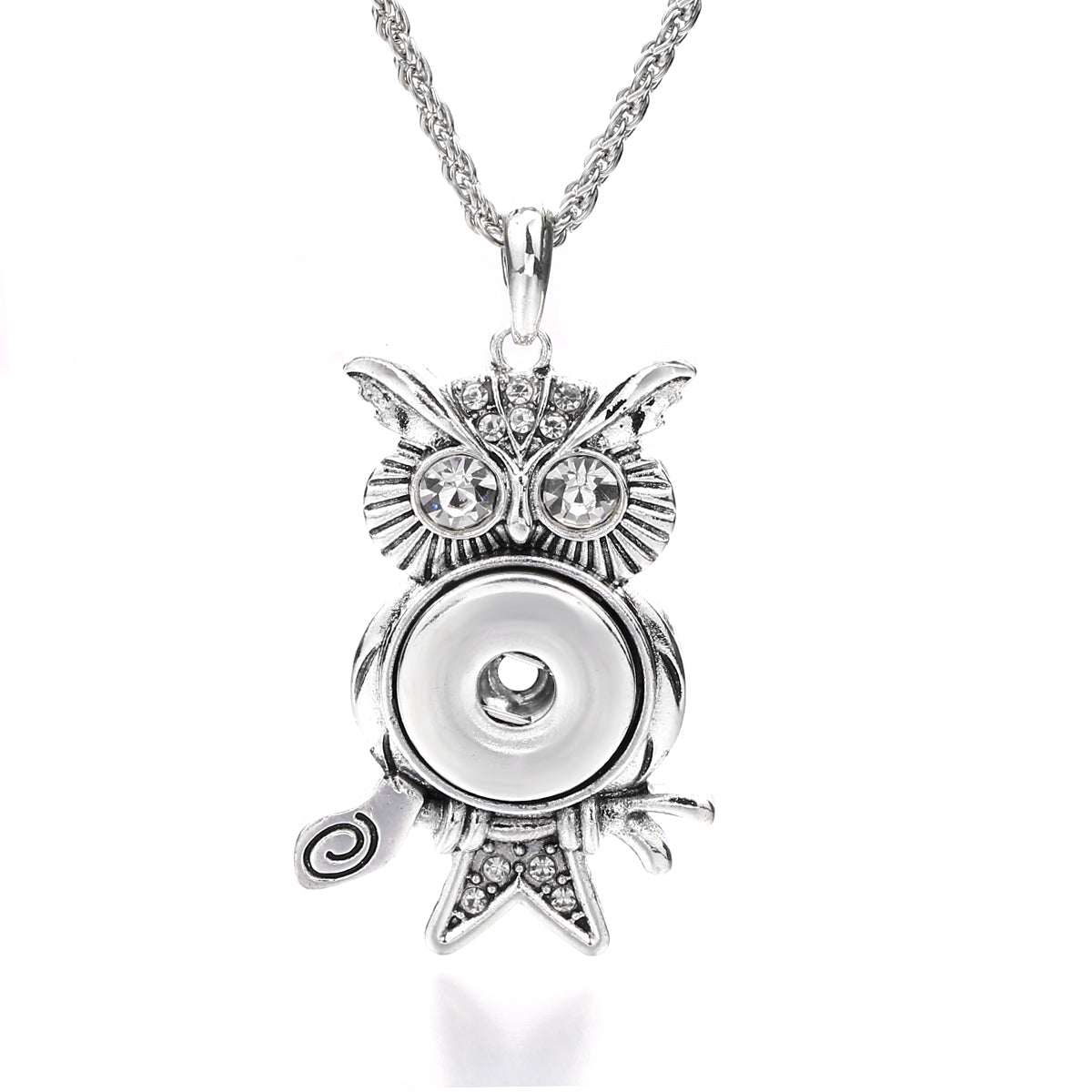 18mm Vintage Owl Branch Rhinestone Snap Charm Necklace