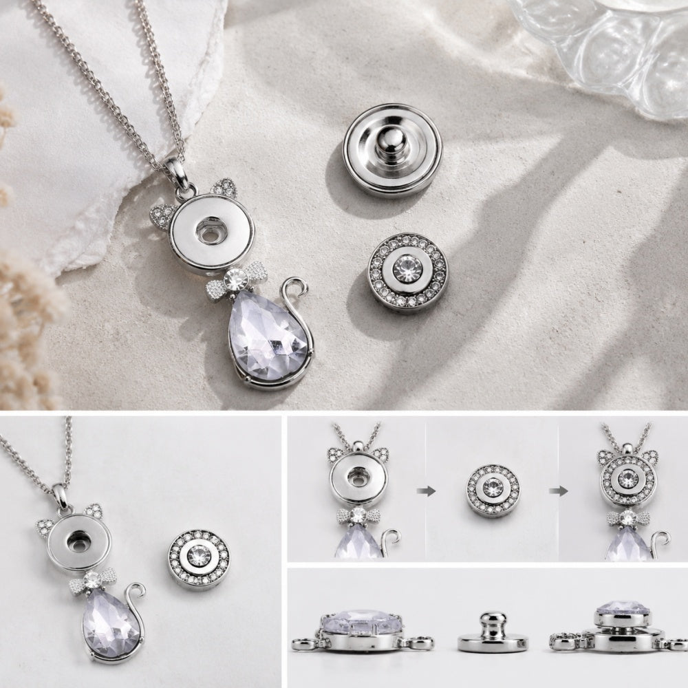 18mm Crystal Cat Snap Charm Necklace | Cute Animal Interchangeable Pendant