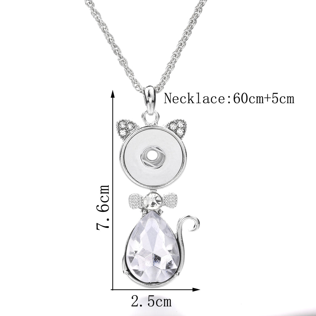 18mm Crystal Cat Snap Charm Necklace | Cute Animal Interchangeable Pendant