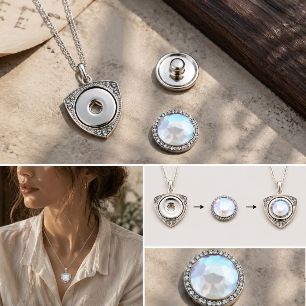 18mm Shield Shape Rhinestone Snap Charm Necklace | Geometric Interchangeable Jewelry