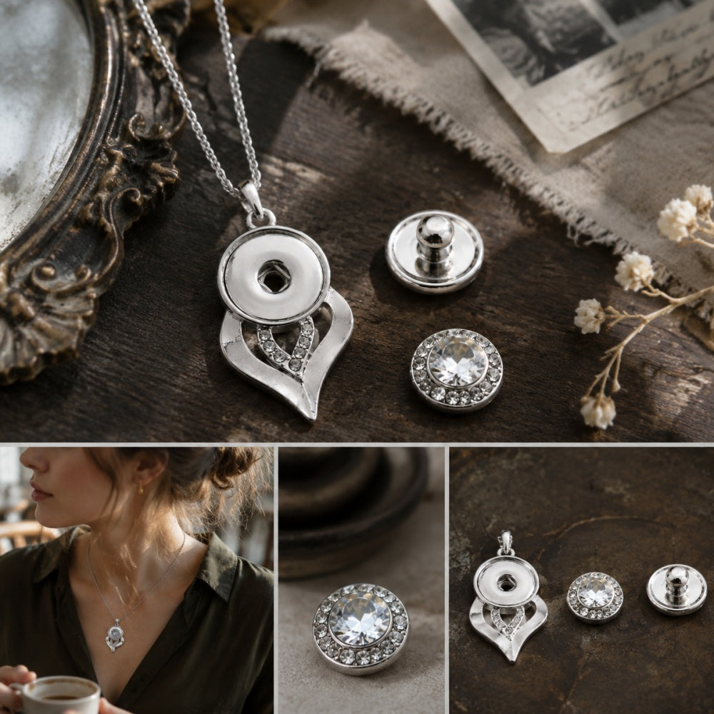 18mm Crystal Teardrop Snap Pendant | Elegant Rhinestone Necklace