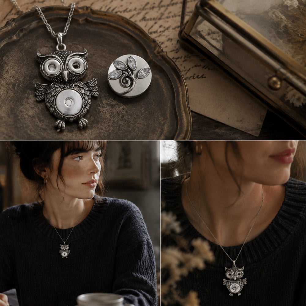 18mm Owl Snap Pendant Necklace | Vintage Animal Charm Jewelry