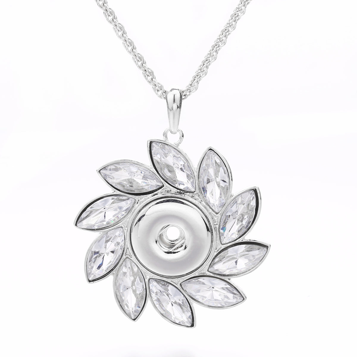 18mm Crystal Flower Snap Charm Necklace | Rhinestone Floral Interchangeable Pendant
