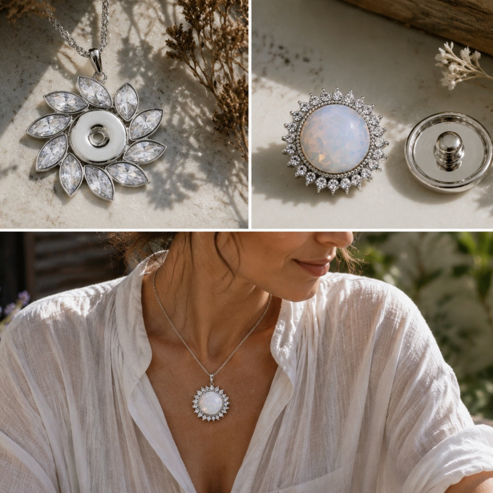 18mm Crystal Flower Snap Charm Necklace | Rhinestone Floral Interchangeable Pendant