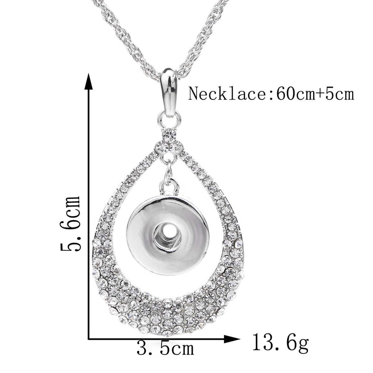 18mm Crystal Teardrop Snap Charm Necklace | Rhinestone Interchangeable Pendant