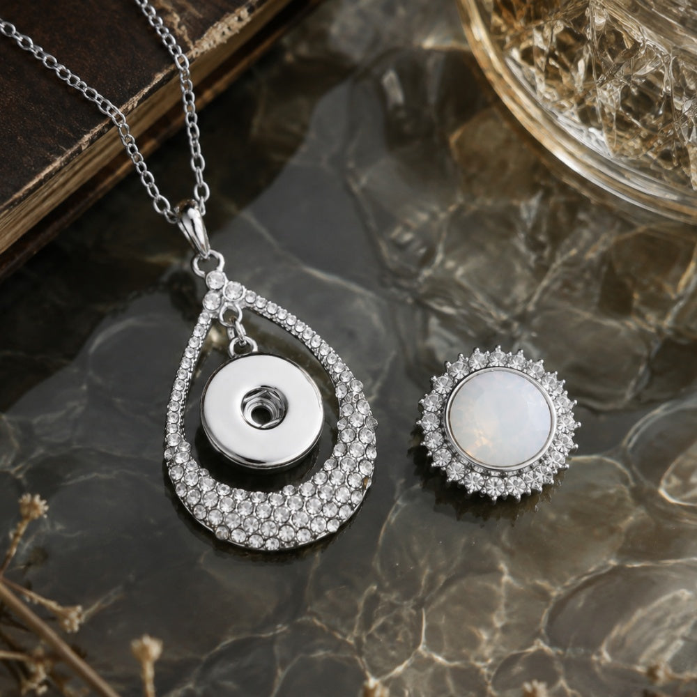 18mm Crystal Teardrop Snap Charm Necklace | Rhinestone Interchangeable Pendant
