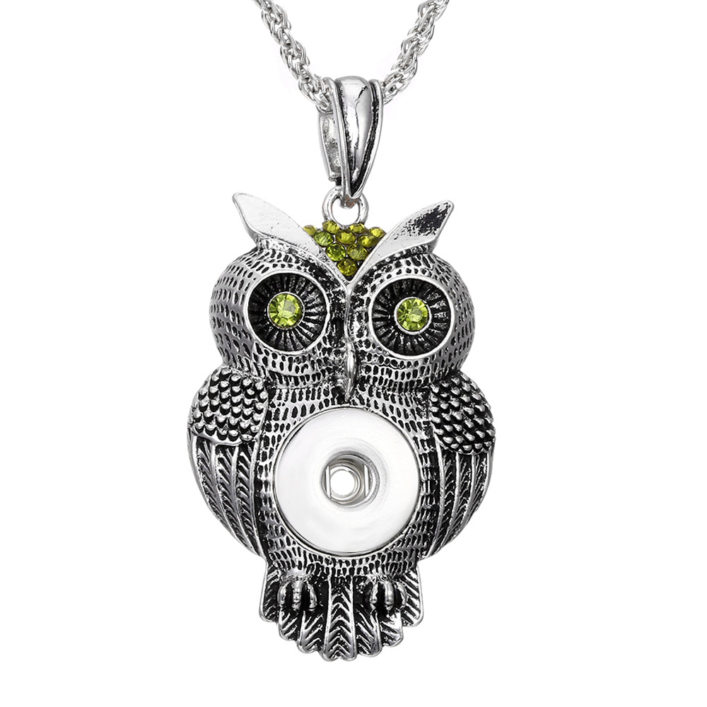 18mm Vintage Owl Snap Charm Necklace | Rhinestone Animal Pendant