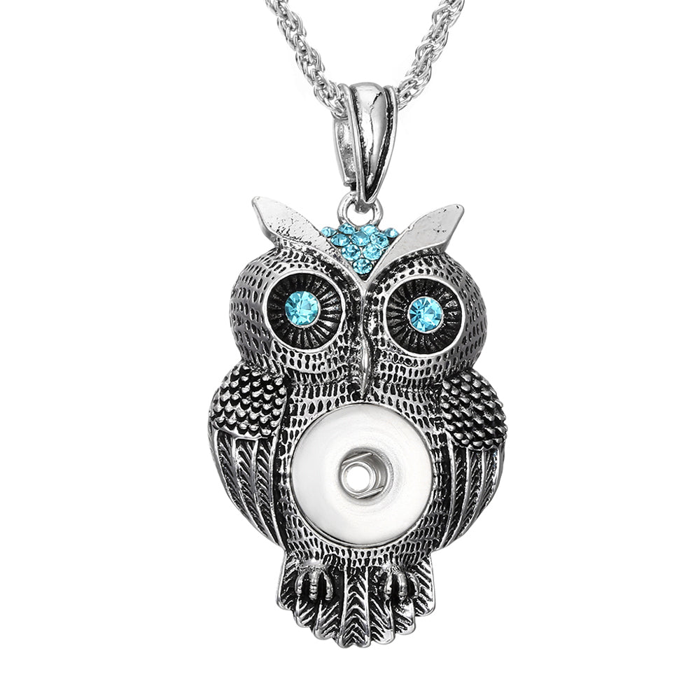 18mm Vintage Owl Snap Charm Necklace | Rhinestone Animal Pendant