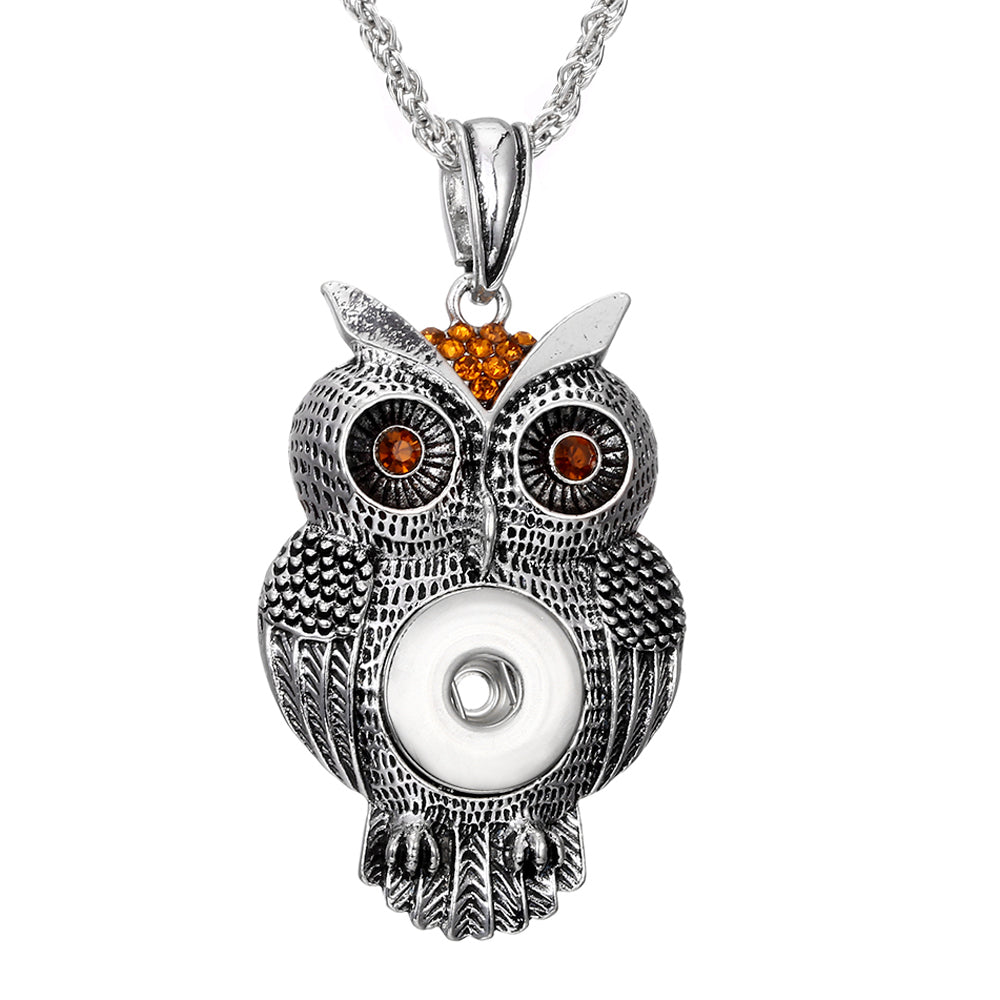 18mm Vintage Owl Snap Charm Necklace | Rhinestone Animal Pendant