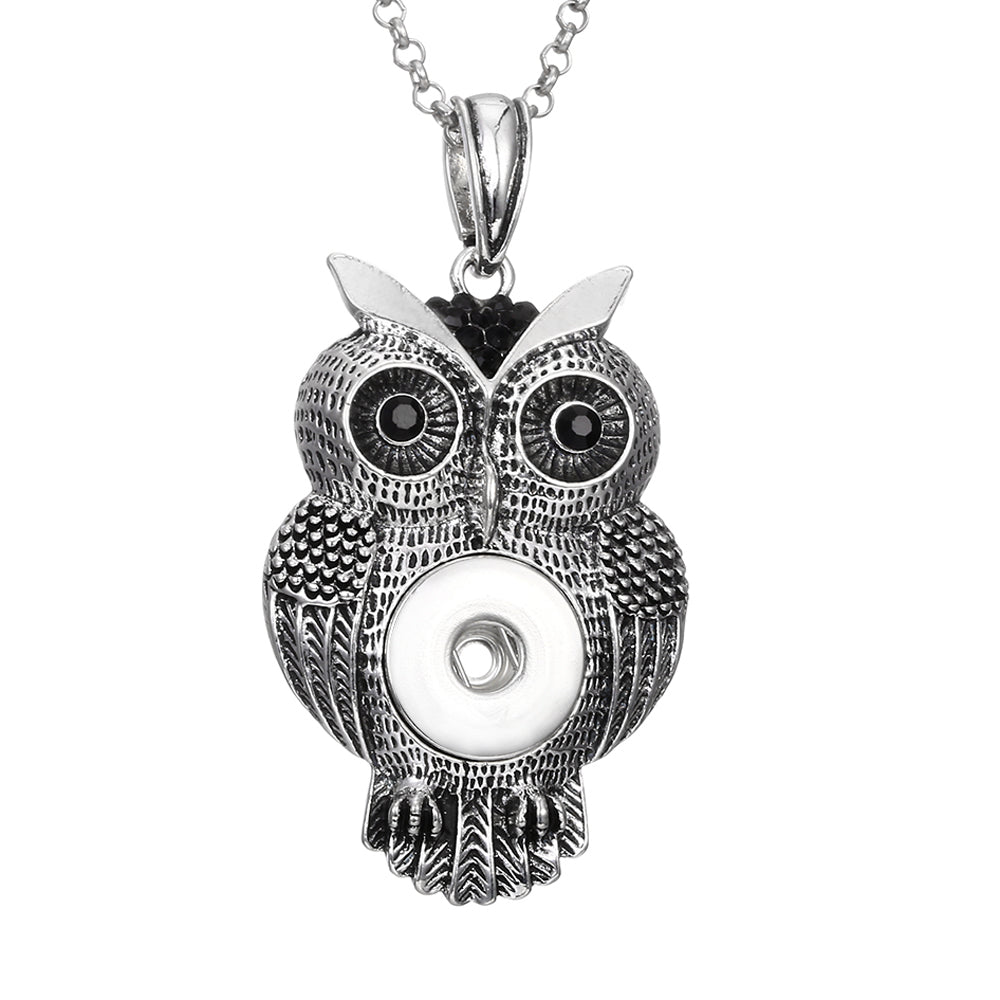 18mm Vintage Owl Snap Charm Necklace | Rhinestone Animal Pendant