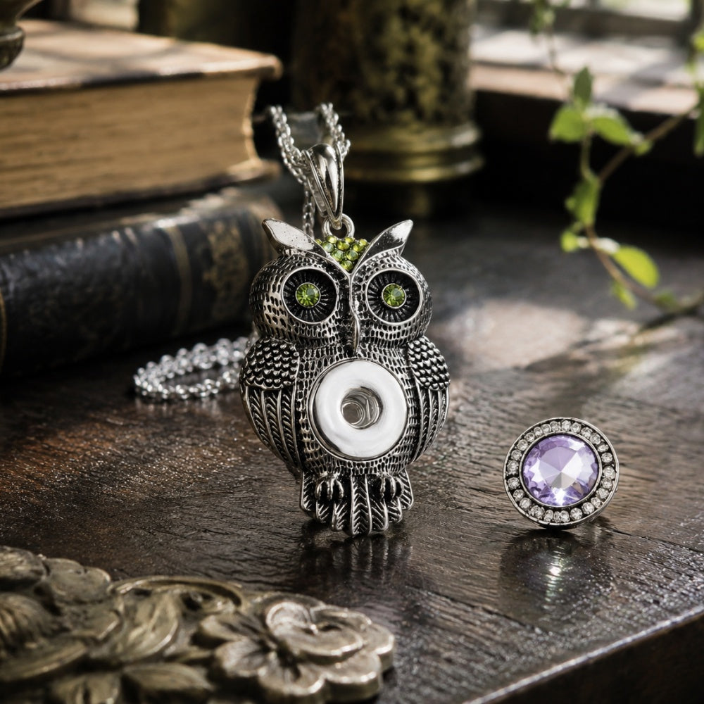 18mm Vintage Owl Snap Charm Necklace | Rhinestone Animal Pendant