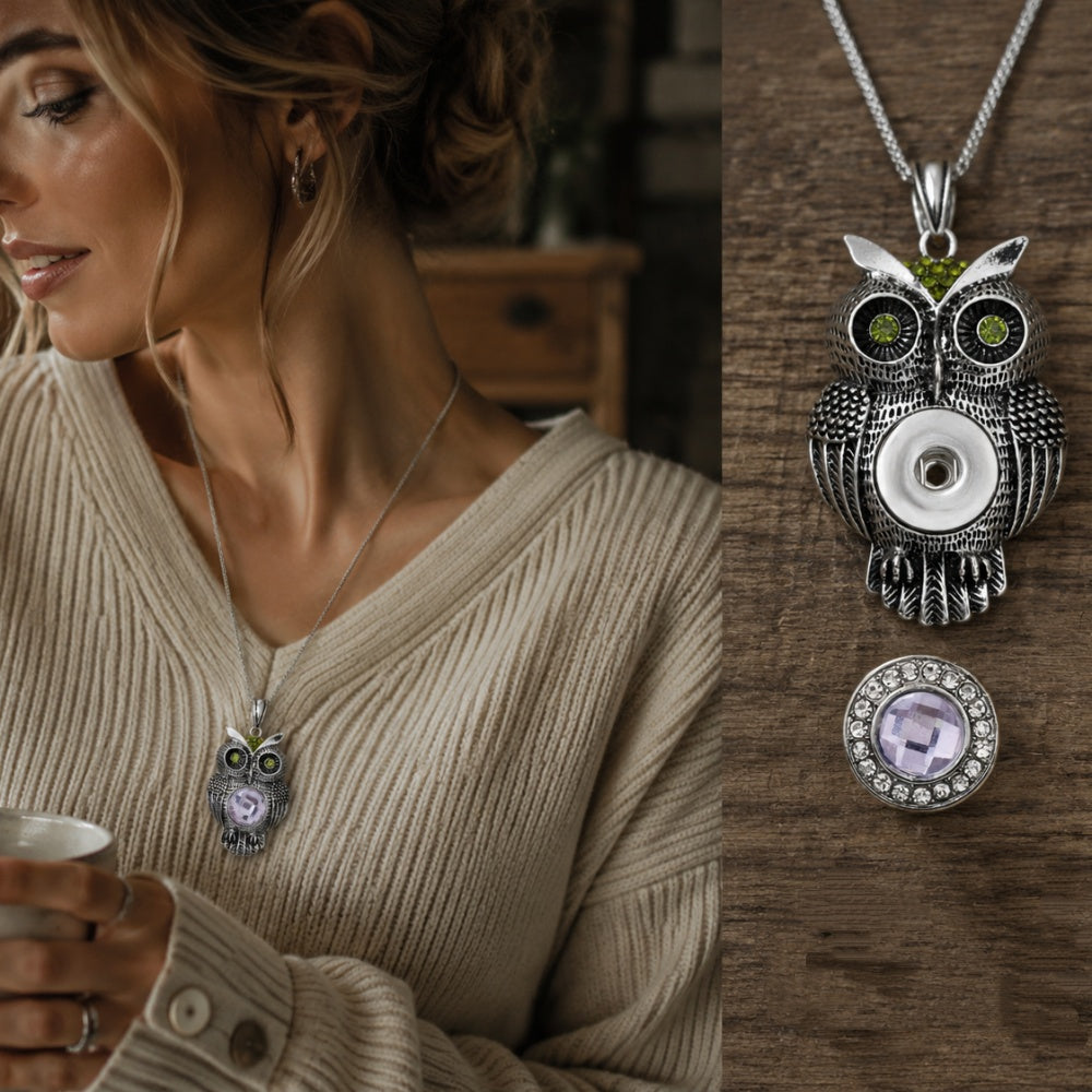 18mm Vintage Owl Snap Charm Necklace | Rhinestone Animal Pendant