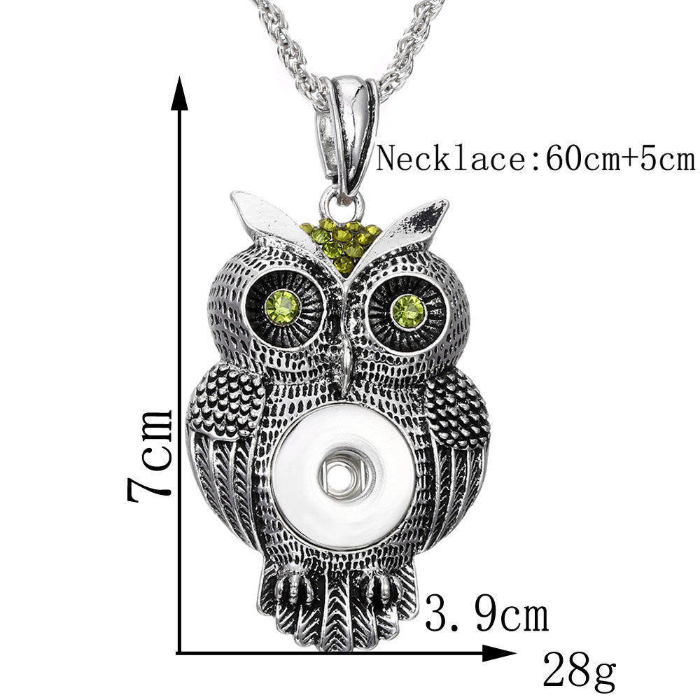 18mm Vintage Owl Snap Charm Necklace | Rhinestone Animal Pendant
