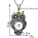 18mm Vintage Owl Snap Charm Necklace | Rhinestone Animal Pendant