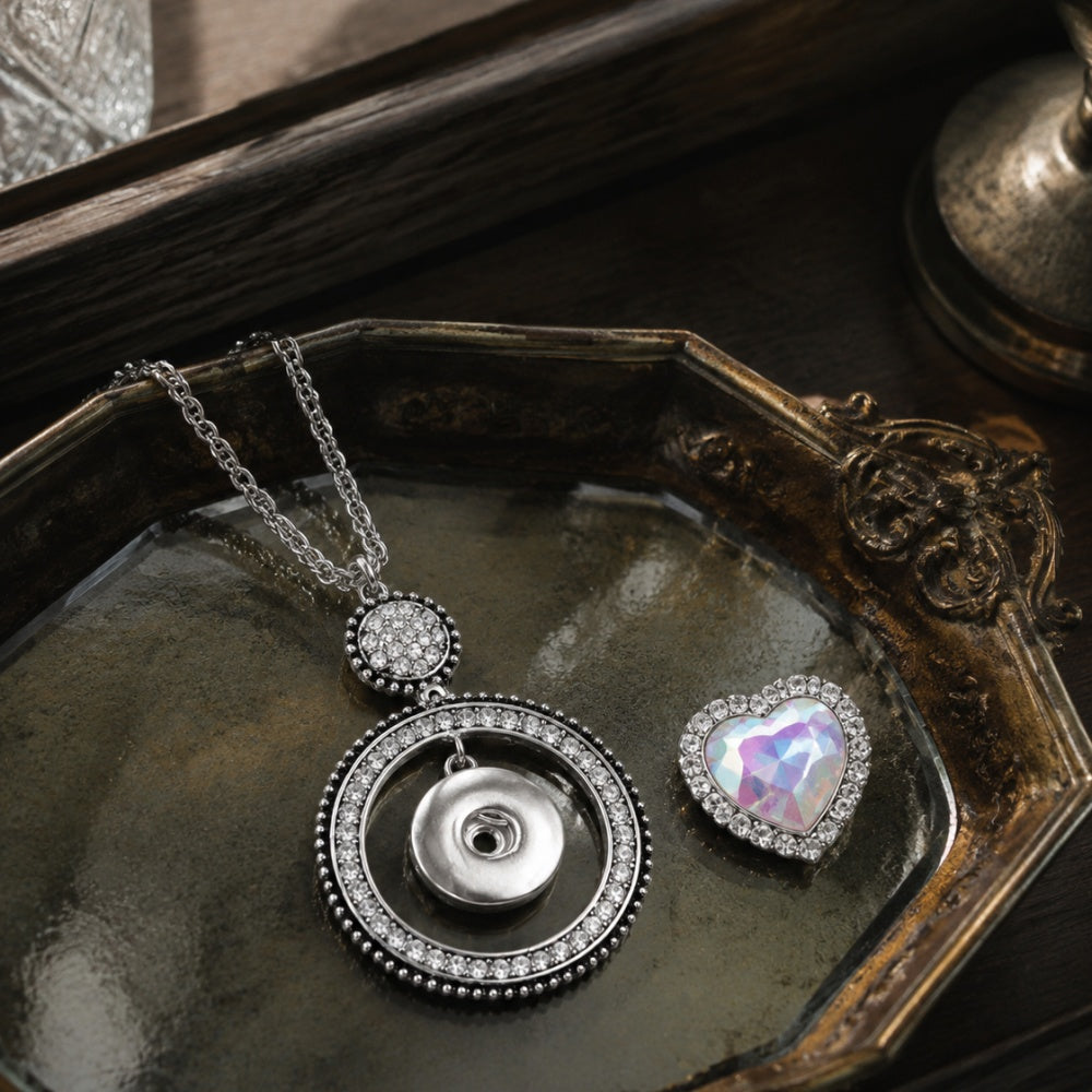 18mm Vintage Halo Snap Charm Necklace | Rhinestone Circle Pendant Jewelry
