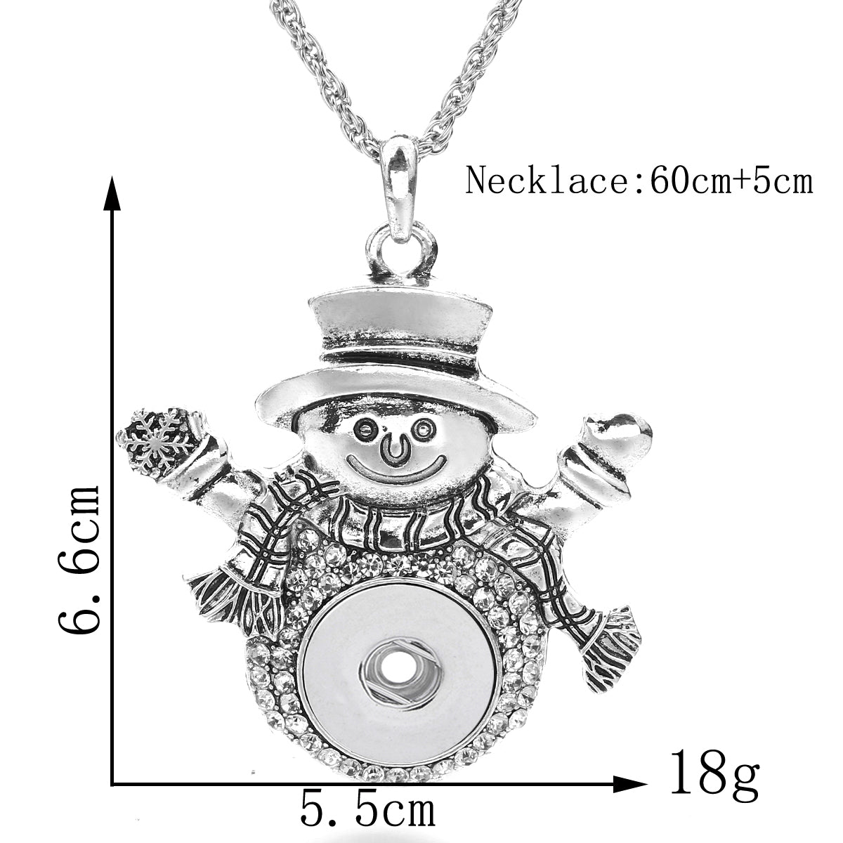 18mm Christmas Snowman Snap Charm Necklace | Rhinestone Winter Holiday Pendant