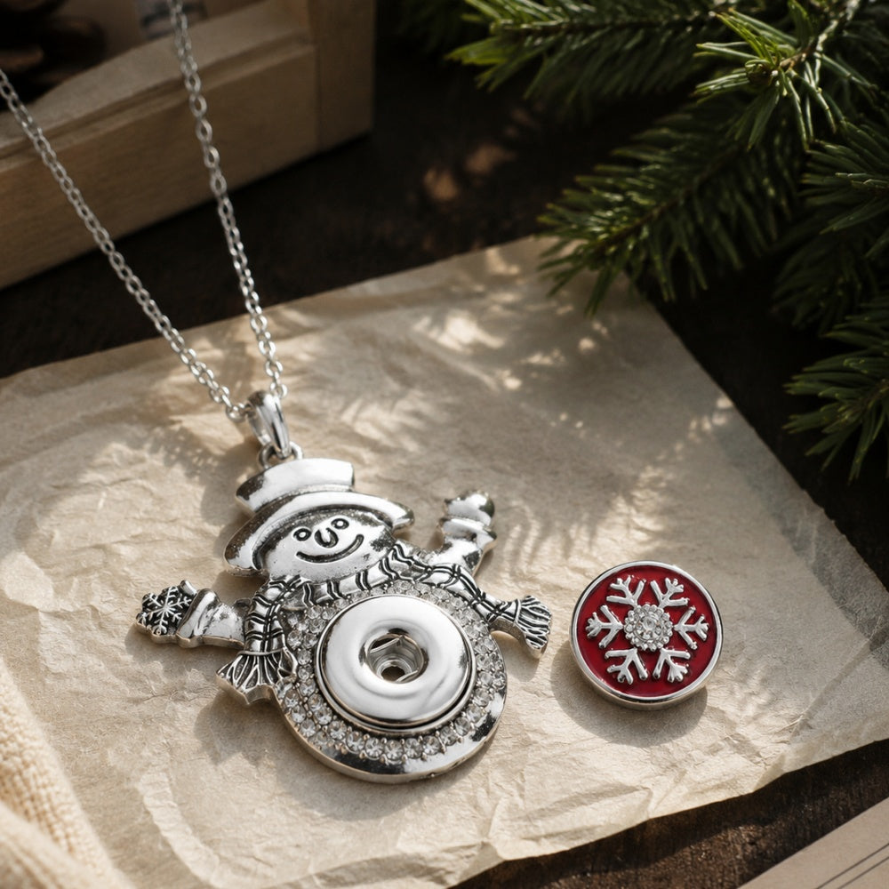 18mm Christmas Snowman Snap Charm Necklace | Rhinestone Winter Holiday Pendant